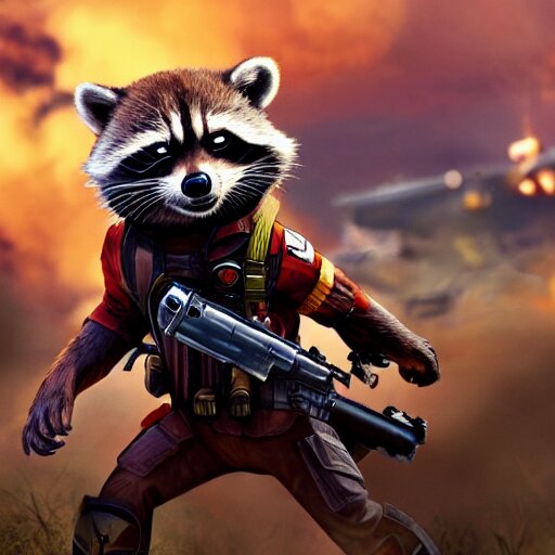 Rocket Racoon Fighting in the Vietnam War, 4K, HD, Still, Landscape, DSLR, Hyper Realistic. change the country to the US.