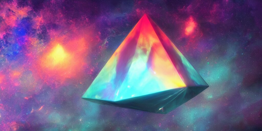 a Massive Tetrahedron emitting Exotic Matter and Faces an Iridescent Pitch Black Floating in Deep Space in Front of Deep Space Imagery, a Digital Painting, Trending on Artstation, Octane Render, and Ultra Detailed by Artgerm. add an infinite amount of smaller tetrahedrons behind the larger one