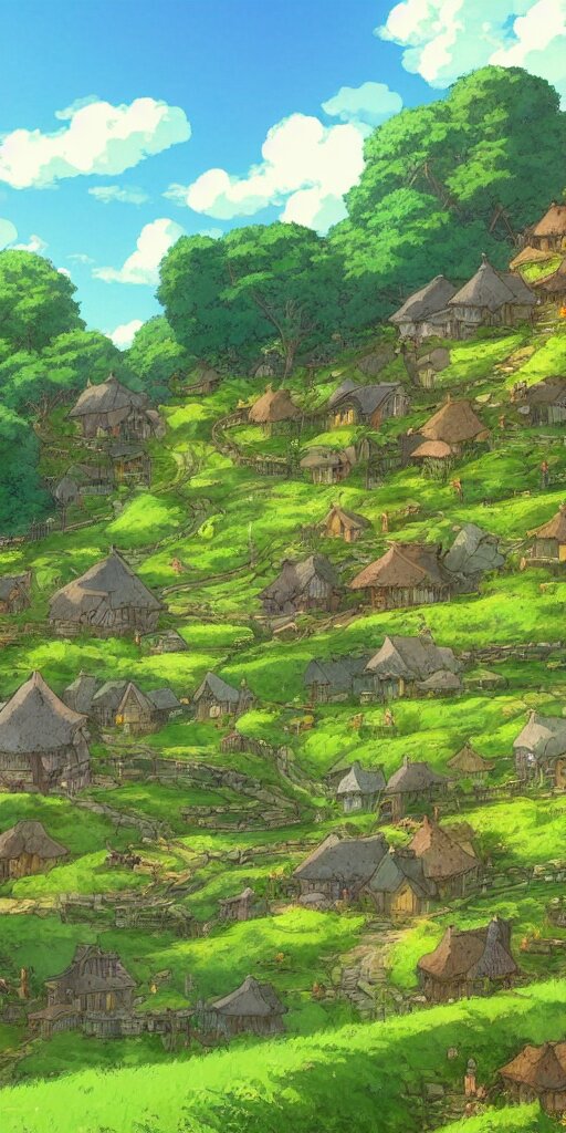 anime screenshot wide-shot landscape hobbit village, Shire, beautiful ambiance, golden hour, studio ghibli style, by hayao miyazaki, sharp focus, highly detailed, make it a modern city. make it a modern city