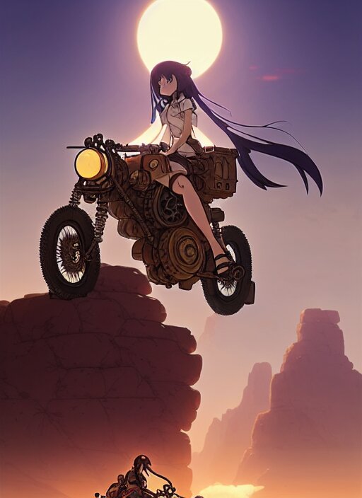 poster for a drama film animation of an adventurer girl riding a steampunk motorcycle on a desert with rocks, cactus, mountains, delicate features finely detailed perfect art, gapmoe yandere grimdark, trending on pixiv fanbox, painted by greg rutkowski makoto shinkai takashi takeuchi studio ghibli