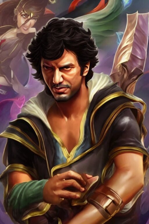 Imran Khan, Character in League of Legends, with a Background Based on the Game. add a banner that reads "imran khan, league of legends character"