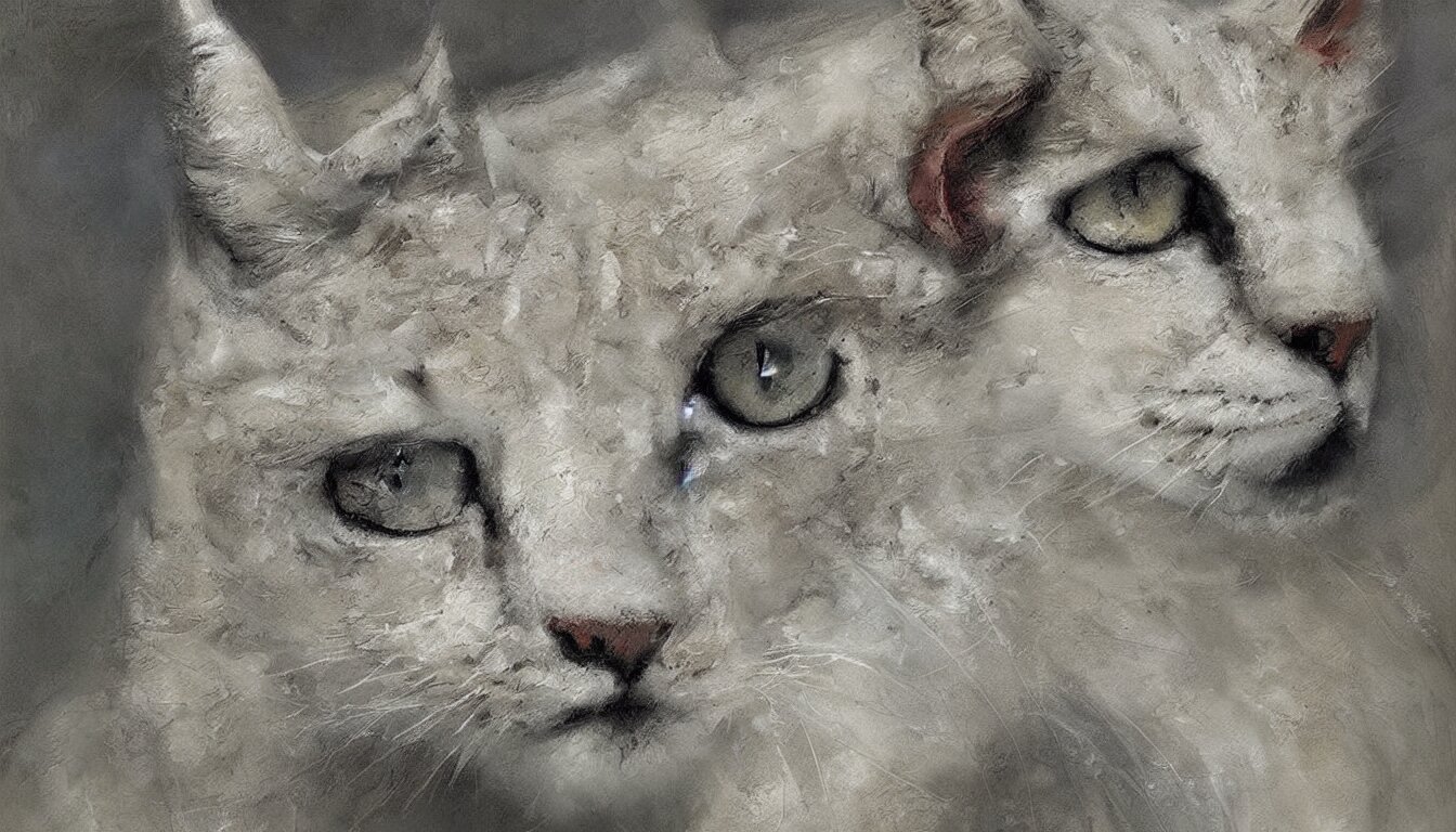 Cute art of white anthropomorphic cat by Guy Denning and Carlos Shwabe, furry digital art, trending on artstation, 8k, highly detailed. replaces the lynx with a fuzzy cartoon cat