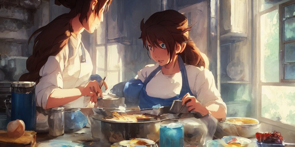 A Kittypet Cooks Breakfast in her Messy House, Close Up Shot from the Side, Greg Rutkowski, Studio Ghibli, Dramatic Lighting. replace the brunnete girl with a cat