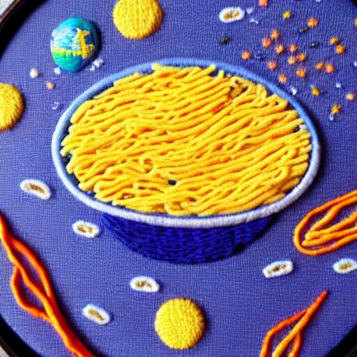 a bowl of kraft dinner in space, embroidery, highly detailed 