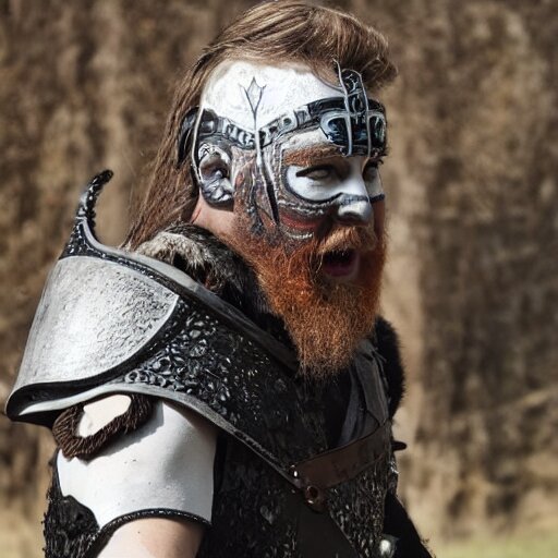 viking in black body armour with white and black face painting, extremely detailed image from a film