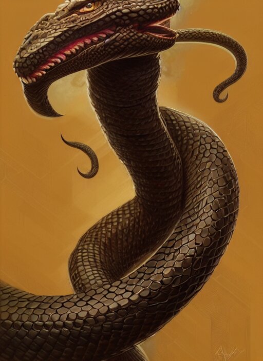 Anthropomorphic snake Battlemage, Elegant and Detailed, with a Winged Creature perched on top of its Staff. add a winged creature with glowing eyes perched on top of the snake mage's staff.