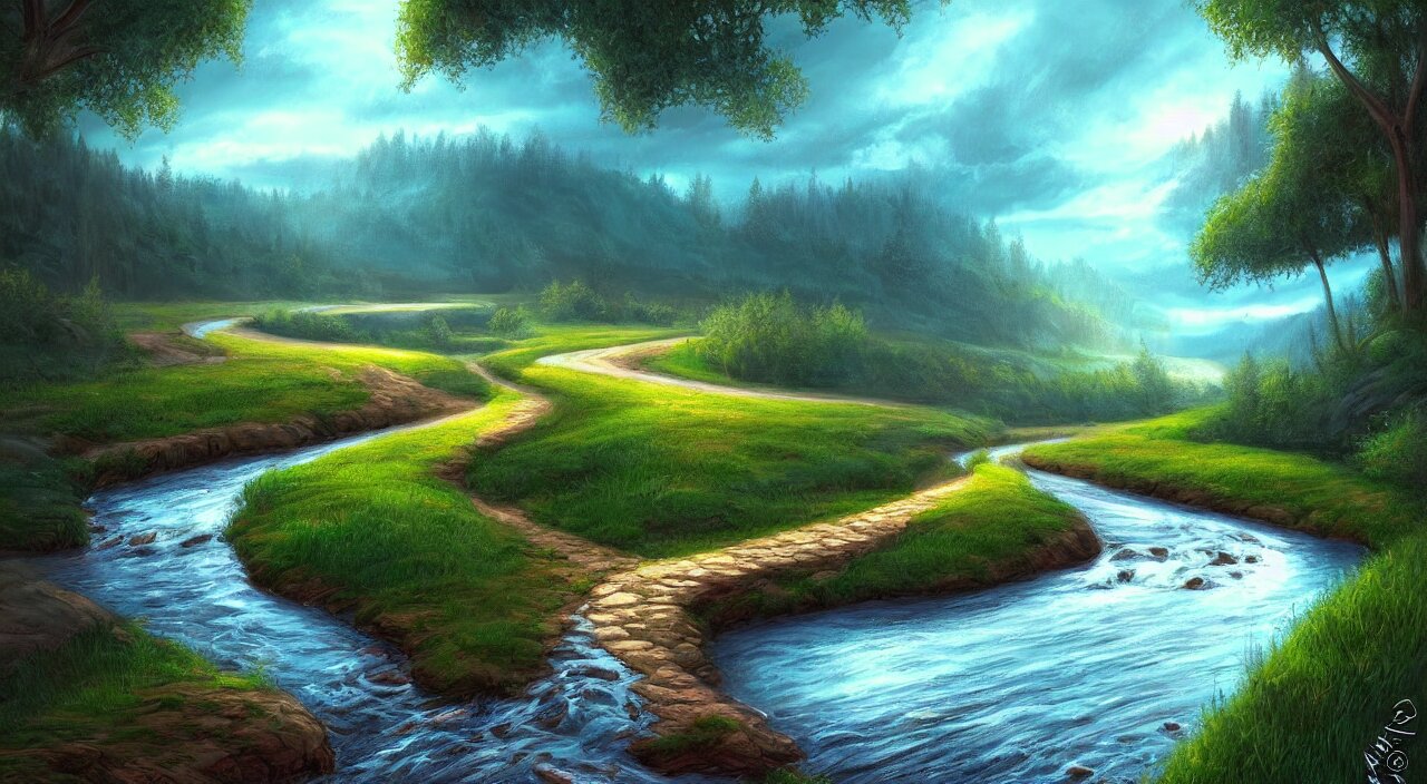 Peace valley landscape wonderland road path and river  pastel beauty Digital painting artstation by Krzysztof Maziarz 
 A Spectacular View  cinematic lighting comic book illustration, by John Kirby