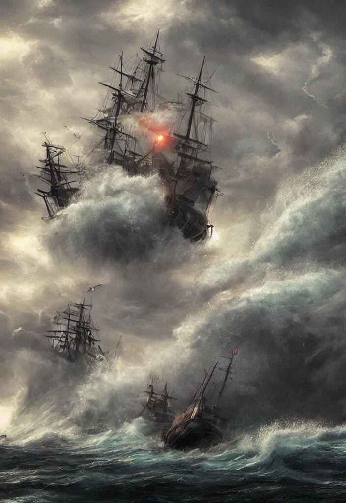 intense ship persecution, ship being persecuted by a police ship over raging turbulent waters, hyper realistic, highly detailed, digital art, apocalyptic, intimidating lighting, raytracing, sharp focus, smooth, romanticism