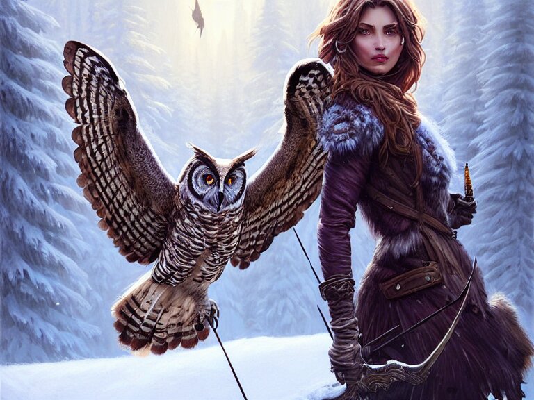 A Beautiful and Aesthetically Appealing Huntress With A Big Owl On The Winter Valley, Toward The Camera, Hunting The Monsters, Cynically, Dramatically. Turn the lens away from the huntress and onto the owl in the valley.