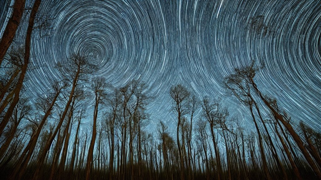 You look directly up at the dense tree crown!!! above you. The trunks stretch up, awesome and cradling. The canopy gyres overhead, the intricacy of the leaf capillaries dazzle. Star trails are visible in the black sky. haunted long exposure night time glitch photography in the style of Andreas...