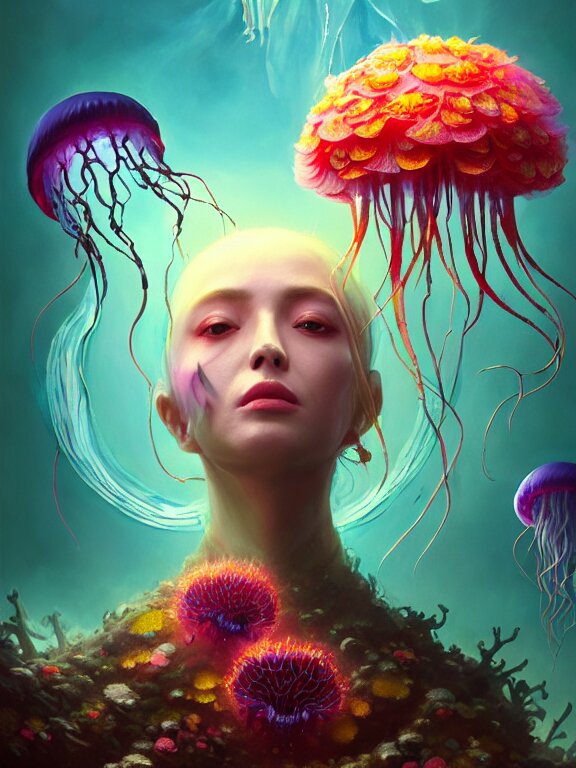 Vibrant and contrast photorealistic 3d fancy portrait of a queen of death giant floating flower and jellyfish by Greg Rutkowski, Sung Choi, Mitchell Mohrhauser, Maciej Kuciara, Johnson Ting, Maxim Verehin, Peter Konig, Bloodborne, beeple, 8k photorealistic, cinematic lighting, HD, high details. Add some contrast to the image to give it a more dramatic feel.