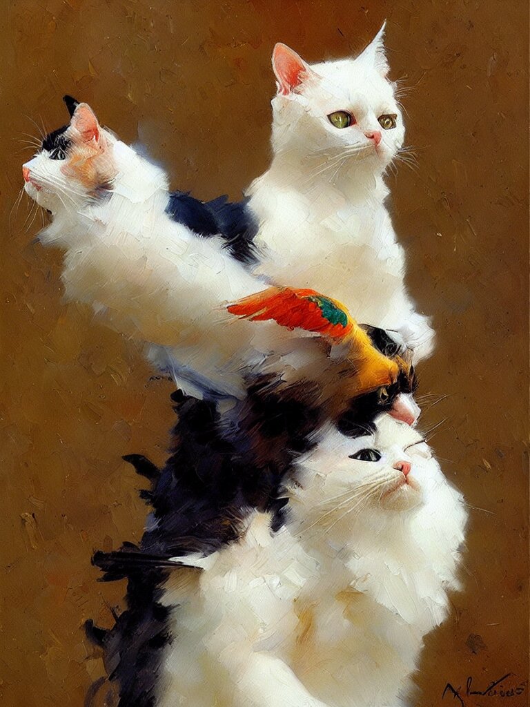 Funny chicken and cat flying 