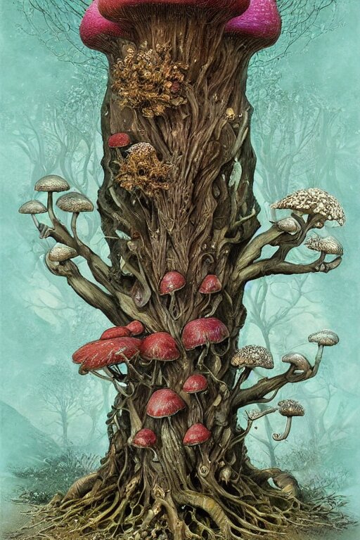 a beautiful digital illustration painting of a detailed fantasy tree trunk and roots, mushroom, flowers by by wayne barlowe, peter mohrbacher, kelly mckernan. 8 k resolution trending on artstation concept art digital illustration 