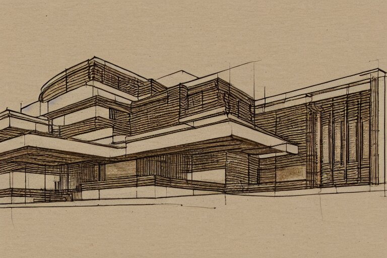 a very detailed architectural sketch of a modern building by frank lloyd wright on a textured brown paper, windows bright with orange and yellow light color spilling on the floor