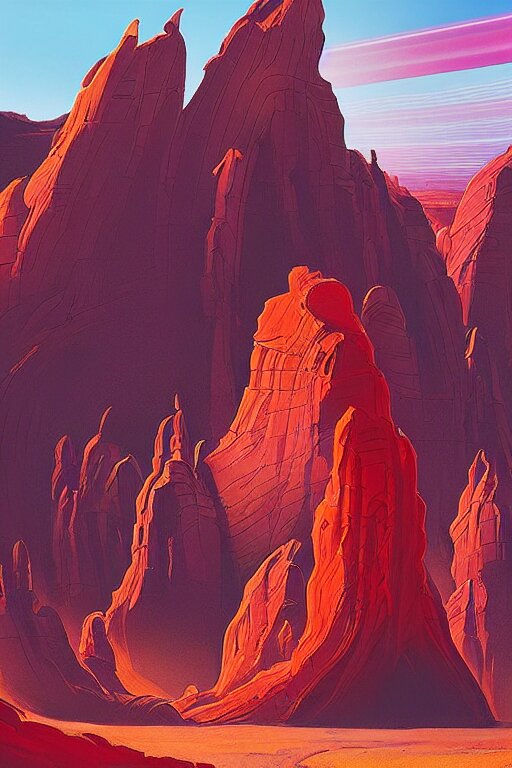 futuristic temple designed by zaha hadid in a red canyon, star trails, dramatic lighting, artstation, matte painting, ralph mcquarrie, simon stalenhag 