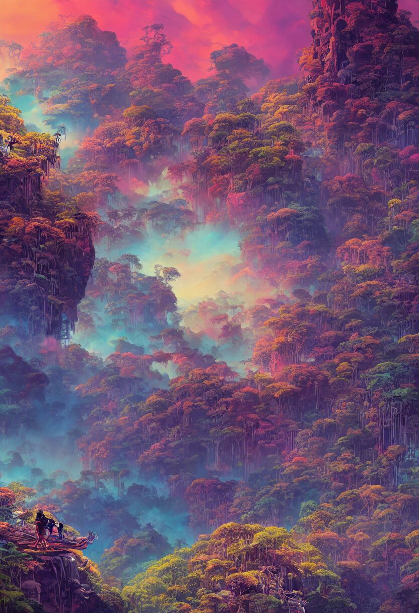 Upscaled Hyperdetailed portrait of an epic and dramatic stunning Avatar Forest scene, colorful sky with dramatic clouds, the gaudy jungle at the background, Intricate line art, finely detailed art station winner by Victo Ngai, Kilian Eng and by Jake Parker, vibrant colors, winning-award masterpiece, fantastically gaudy, aesthetic octane render. change the background to a dramatic forest