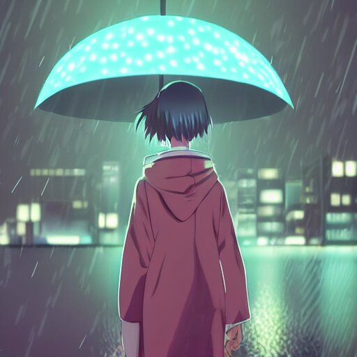 anime girl intimidating look sharp blade looking into camera as rain moves in glowing city night, ghibli style. make rain moving