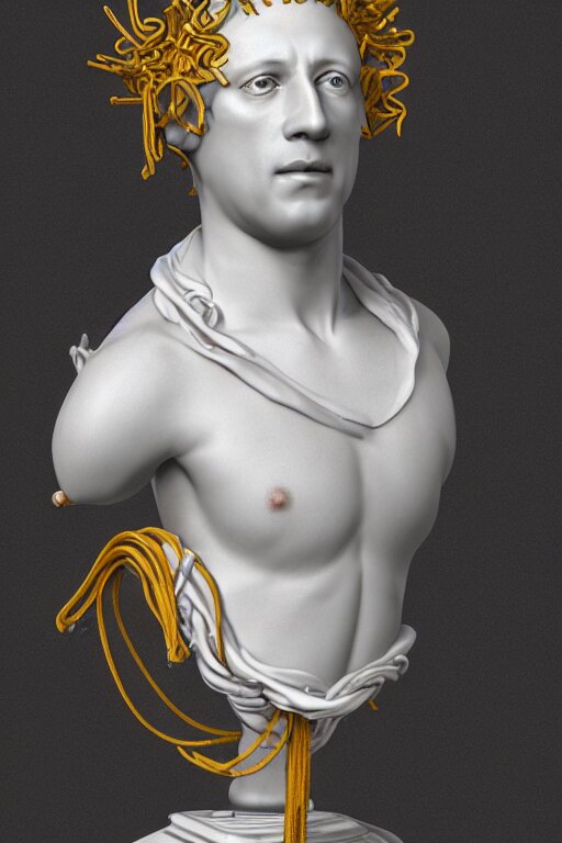 a realistic porcelain rococo style bust of handsome young Pablo Picasso prince with colored pipecleaners for a crown and suspended in outer space, photorealism, octane render, depth of field, 8k, 35mm, artgem, Trending on artstation