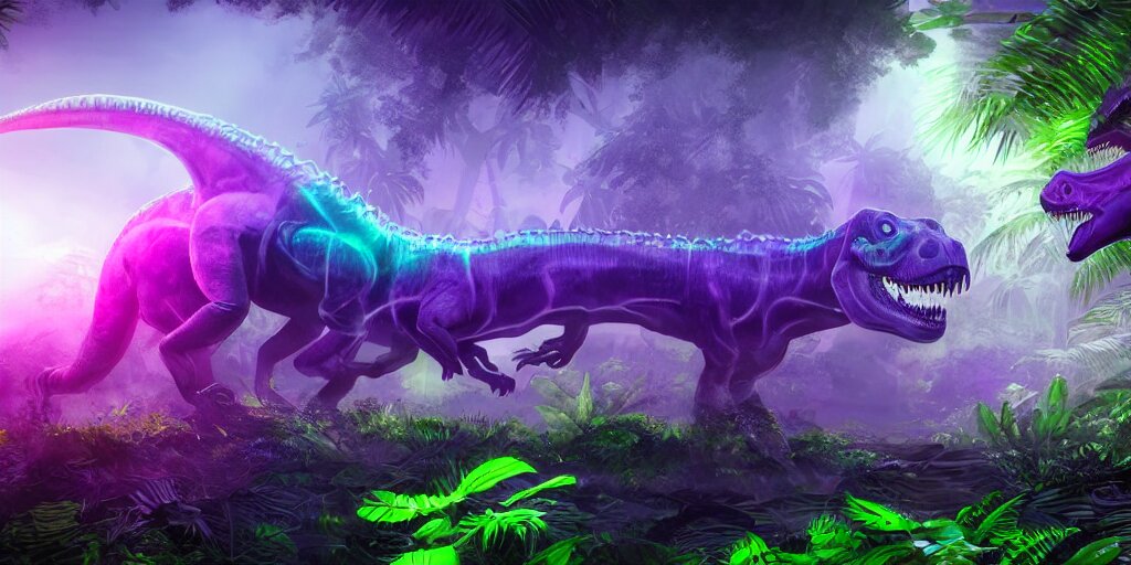 Add a spectral purple neon ghost dinosaur leaping out of the green jungle background to scare your lunch!