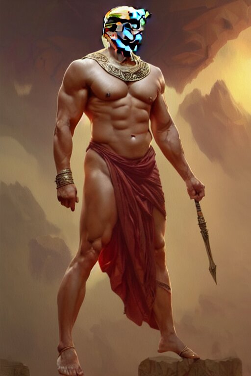 Donald Trump as a Greek god, Gorgeous, Amazing, Muscular, Fit, Very Muscular Male Body, Detailed, Intricate, Highly Detailed, Digital Painting, Artstation, Concept Art, Sharp Focus, Illustration, Art by Greg Rutkowski and Alphonse Mucha. Add a shimmering effect