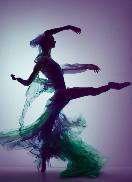 a Photorealistic dramatic hyperrealistic render of a beautiful smoke dancer by Ken Brower and Deborah Ory of NYC Dance project,Lois Greenfield,Flowing cloth and smoke colourful acrylic ink drop art, Beautiful dynamic dramatic dark moody lighting,volumetric,shadows,cinematic atmosphere,Octane render,8K