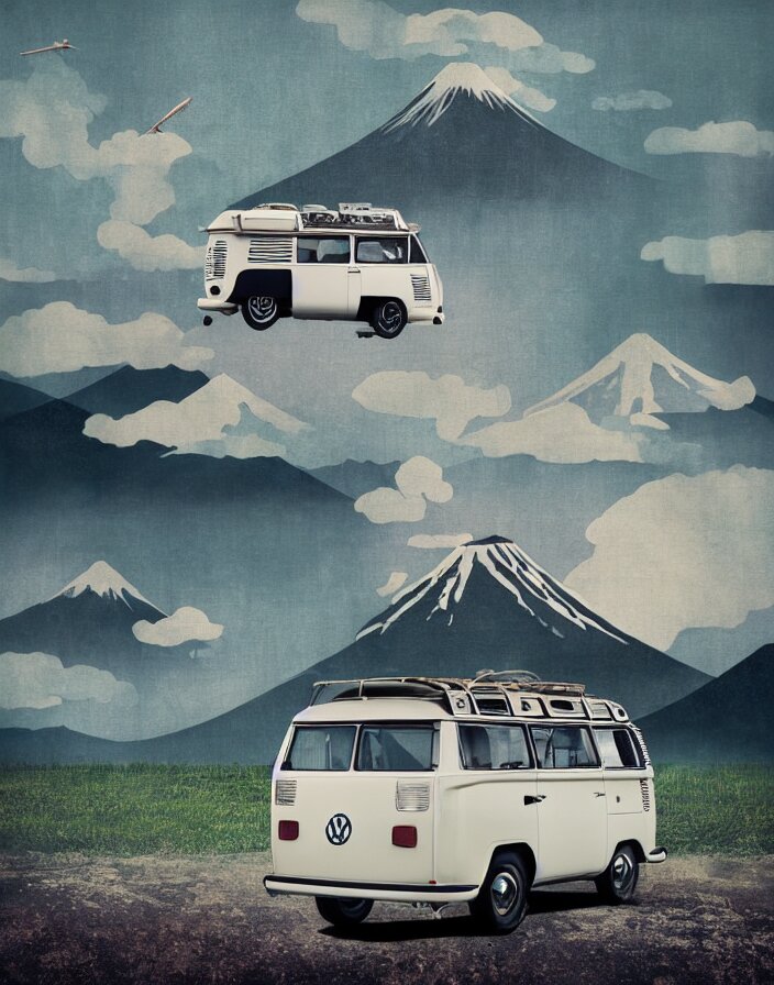 vw camper touring rural japan, a collage painting, in the style of wes anderson, lola dupre, david hockney, isolated on negative white space background dark monochrome fluorescent spraypaint accents volumetric octane render, no double figure