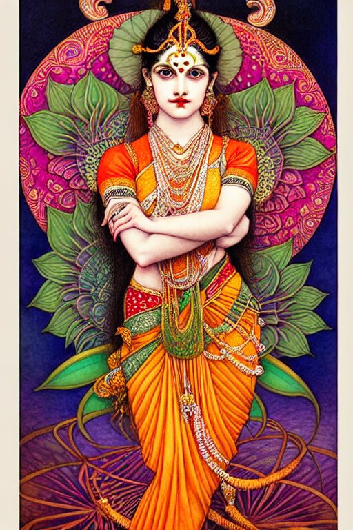 beautiful and playful ginger Hindu dancer in a red and orange light with intricate indian flower designs by chie yoshii. lit with a red and orange light