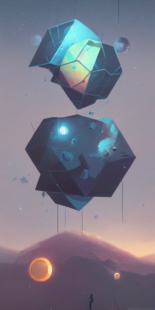 greg rutkowski, beeple, a painting by ralph mcquarrie of floating molecules and icosahedron with stars, clouds, and rainbows in the background, trending on artstation, masterpiece, incredible details