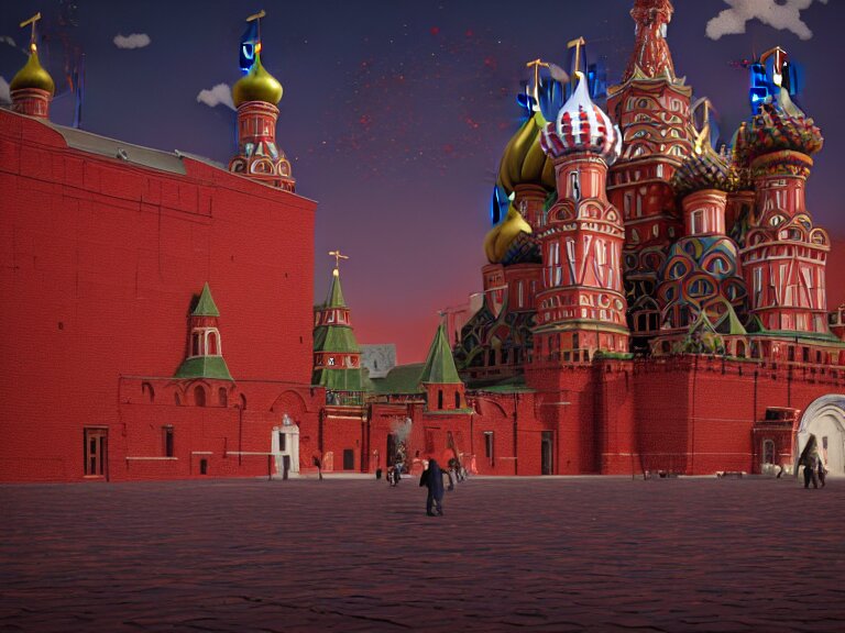 Red Square Kremlin has just been nuked, Evil Tree Oil Painting, Trending on Artstation, octane render, Insanely Detailed, 8k, HD, design by Mark Ryden and Pixar and Hayao Miyazaki, unreal 5, DAZ, hyperrealistic, octane render, dynamic lighting, intricate detail, summer vibrancy, cinematic. turn the building into an evil tree