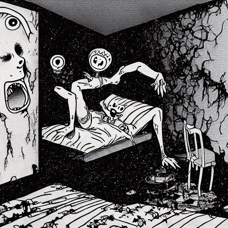 cursed illustration of beautifully ominous creepy sleep paralysis demon sliding inside 1 9 8 0's teeanger cluttered bedroom. manga style of junji ito, kentaro mirua, weirdcore, octane render. crying face