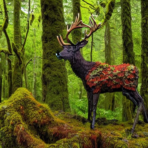 Elk in a Dense Intricate Vines, Moss, Roots, and Flowers Forest with Tree Branches Taken Detailed Form. Less green, more brown, muted colors