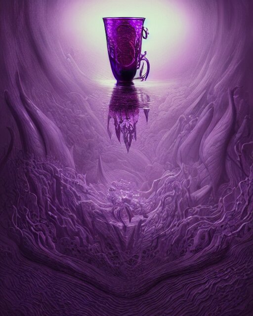 cup of codeine, purple liquid in cup glowing, fantasy, dramatic, intricate, elegant, highly detailed, digital painting, artstation, concept art, smooth, sharp focus, illustration, art by Gustave Dore, octane render