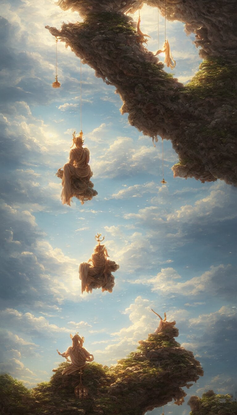 wind deity enjoying the view from his stone heavenly palace, decorated with windchimes and paper lanterns, stunning nature and clouds in background, digital art, detailed, by greg rutkowski