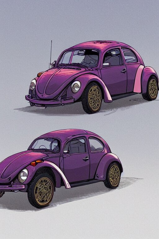 Type 1 Beetle Car Designed by Aplle that Looks Like It's From Borderlands and by Feng Zhu and Loish and Laurie Greasley, Victo Ngai, Andreas Rocha, John Harris. Add an elf car.