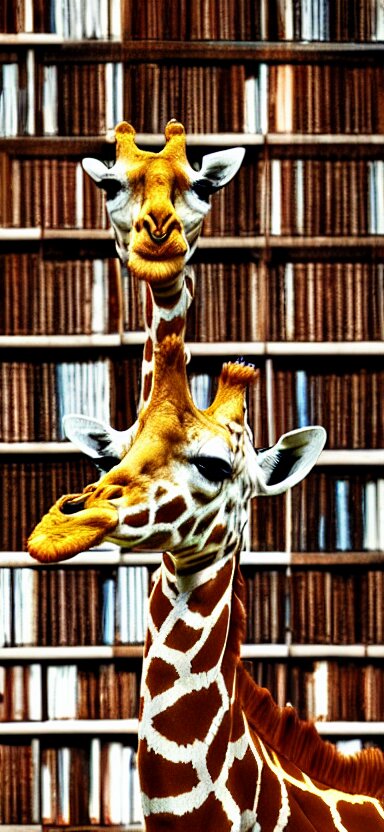 giraffe, reading book in, library side shot, by shunji dodo, 8 k resolution, high quality 