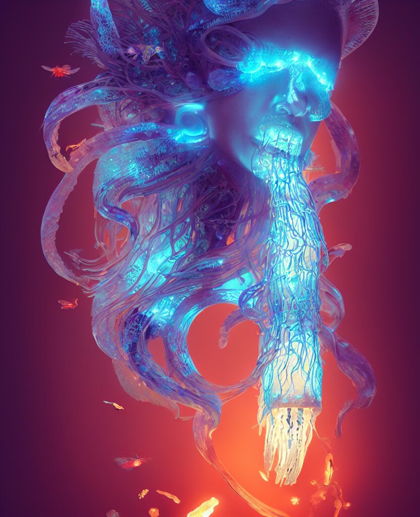 Goddess portrait. jellyfish phoenix head, nautilus, butterfly, skull, ice and fire, bioluminiscent creatures, intricate artwork by Tooth Wu and wlop and beeple. octane render, trending on artstation, greg rutkowski very coherent symmetrical artwork. cinematic, hyper realism, high detail, octane render, 8k. Add a pink flamingo