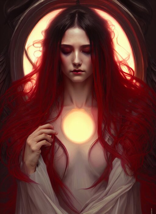 a beautiful cinematic sexy female seraphim, black wings slightly burnt, fantasy forest landscape, fantasy magic, red black fade hair, dark light night, intricate, elegant, sharp focus, illustration, highly detailed, digital painting, concept art, matte, art by WLOP and Artgerm and Greg Rutkowski and Alphonse Mucha, masterpiece