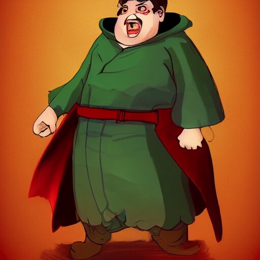 Portrait, 25 years old :: overweight fantasy mage :: ugly, green eyes, short black hair :: wearing a red brown robe, pointed hat :: high detail, digital art, rpg, concept art, illustration