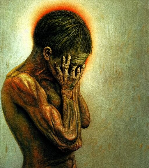 Painting in a style of Beksinski featuring Vladimir Putin crying. Me in the background, with pain and suffering. close in on oneself, done in black