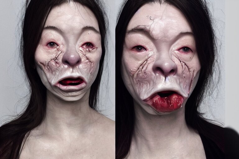 beautiful femail face turns in to monster with opened mouth”