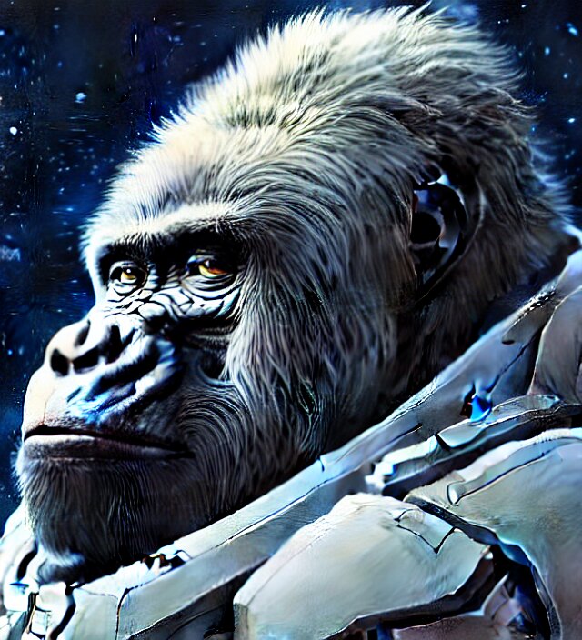 a highly detailed science-fiction character portrait of a serious gorilla wearing a white armored space suit, intricate, wild, digital painting, artstation, concept art, smooth, sharp focus, illustration, art by artgerm and greg rutkowski and alphonse mucha, 8k octane beautifully detailed render, post-processing, extremely hyperdetailed, intricate, epic composition, grim yet sparkling atmosphere, cinematic lighting + masterpiece, trending on artstation, very detailed, vibrant colors, Art Nouveau, masterpiece, full shot, full body, science fiction background make her beautiful woman, full face visible, hd, 16k