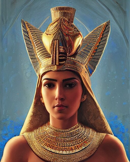 Jessica Kahawaty as a beautiful egyptian princess, gorgeous, portrait, Symmetrical, powerful, intricate, beautiful, masterpiece, elegant, volumetric lighting, highly detailed, artstation, sharp focus, no cropping, illustration, Jean-Leon Gerome , ruan jia