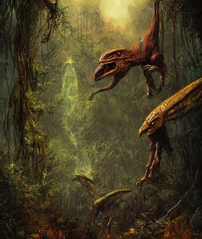 Raptor stalking in the jungle: mysterious, fantasy artwork with a dragon, godrays, warm colors, by seb mckinnon. Add a dragon, maybe?