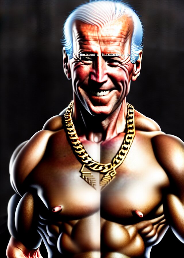 Super Muscular Joe Biden Wearing Cycling Shorts and Gold Chains Walking on Water, Elegant, Real Life Skin, In intricate Detail, High Detailed Artstation Concept Art, Smooth, Sharp Focus, Art by Artgerm and Greg Rutkowski. remove the chains and the shouting