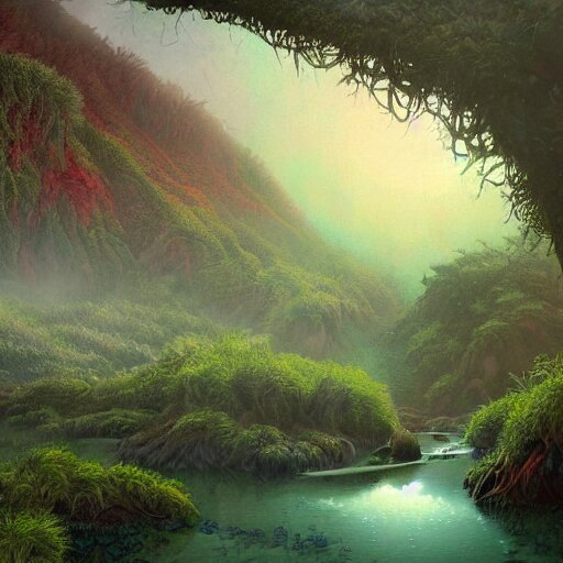 A Beautiful Wet Natural Scene on an Alien Planet by Gerald Brom. A Detailed Digital Render. Monochromatic Colors. Lovely Vibrant Flora. Strange Weird Vegetation. have the colours be more muted