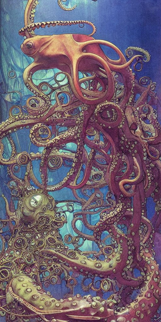 fantasy fish, octopus, squid, in futuristic aquarium, cyberpunk, concept art, schematics, gnarly details painted by  norman rockwell, mucha, gurney