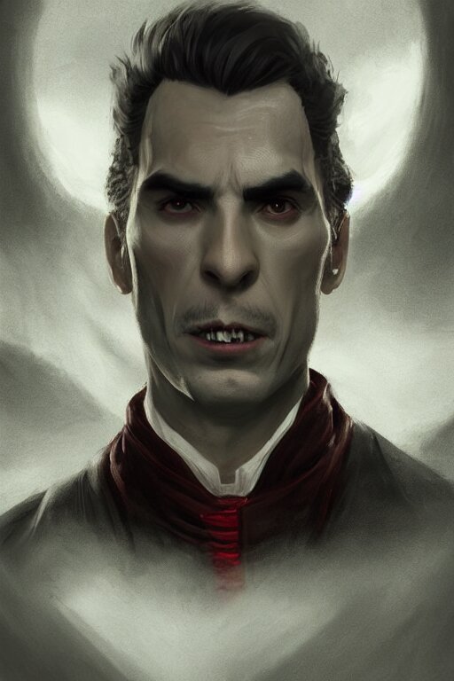 Portrait, Count Dracula 🧛‍♂️ , Face Portrait, Rafael Lacoste, Eddie Mendoza, Alex Ross, Concept Art, Matte Painting, Highly Detailed, Rule of Thirds, Dynamic Lighting, Cinematic, Detailed, Denoised, Centerd. have him be a vampire