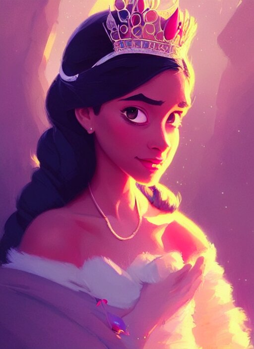 Highly detailed portrait of Disney Princess Yasmine, starring in a luxurious, photographic-realistic background-- by Atey Ghailan, by Greg Rutkowski, by Greg Tocchini, by James Gilleard, by Joe Fenton, and Trending on Instagram-- Award-Winning Details by Kaethe Butcher. make the background a glittering fairy tale wonderland