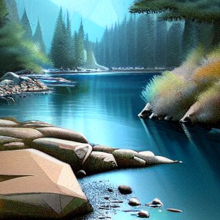 a beautiful landscape, river, rocks, trees, by greg rutkowski, polygonal