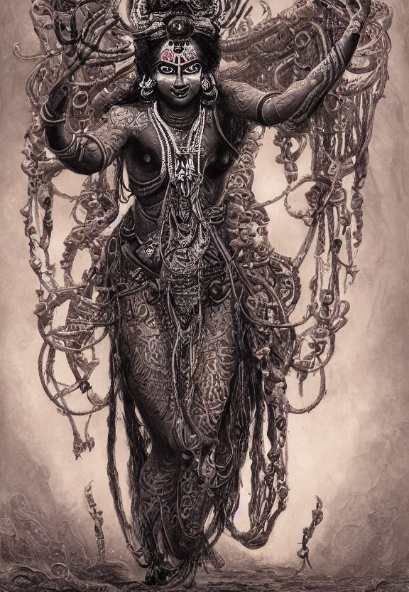 Beautiful biomechanical goddess, kali, made out of metal and chrome. make her out of metal and chrome